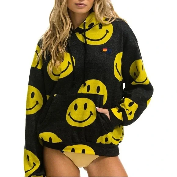 Aviator Nation Unisex Black/Yellow Smiley Repeat Relaxed Pullover Hoodie | EUC😀 - Picture 2 of 16